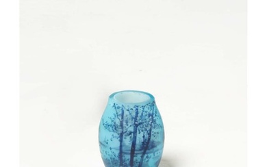 Daum - Nancy Miniature ovoid blue glass vase with blue enamelled lakescape decoration, signed "Daum
