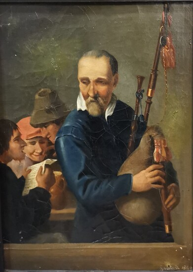 David TENIERS LE JEUNE (1610-1680), d'après. Le Joueur de cornemuse. Huile sur toile, contrecollée sur...