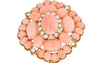 David Webb 18K Yellow Gold Pink Coral Cluster And Diamond Brooch