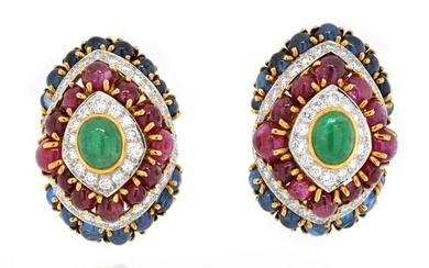 David Webb Platinum & 18K Yellow Gold 1980's Color Gemstone Red Green And Blue Diamond Earrings