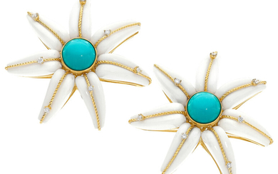 Diamond, Turquoise, White Agate, Gold Earrings Stones: Full-cut diamonds...