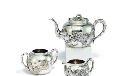 EXCEPTIONAL SILVER TEA SERVICE WITH DRAGON DECORATION