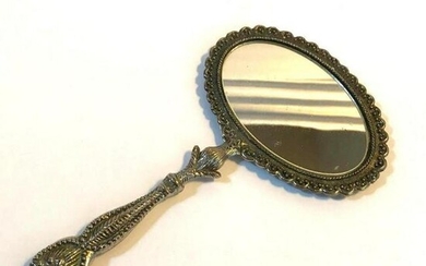 Early 1900's Ornate Silver Metal Dresser Hand Mirror