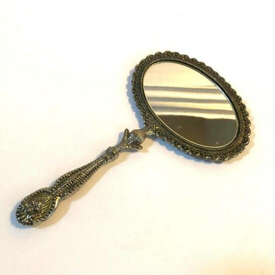 Early 1900's Ornate Silver Metal Dresser Hand Mirror
