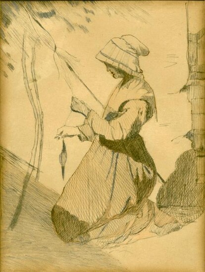 Early Framed Print Of Continental Lady Working