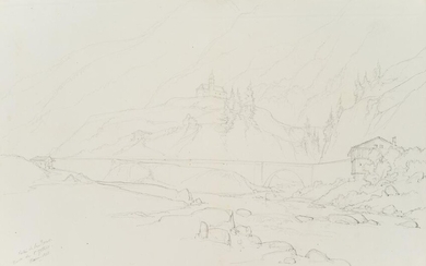 Edmond de Bretenières (1804-1882), Bridge in the Reuss valley near Wassen on the Gotthard pass, Journey to Switzerland, sketchbook, 1835, Pencil drawing