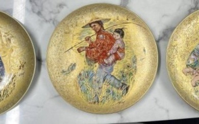 Edna Hibel Plotkin (American 1917 - 2014) 3 Oriental Gold 24K hand painted plates Rosenthal Germany