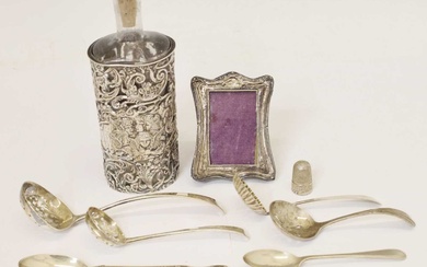 Edward VII silver-wrapped perfume bottle, photo frame, thimble, assorted sifting spoons, etc