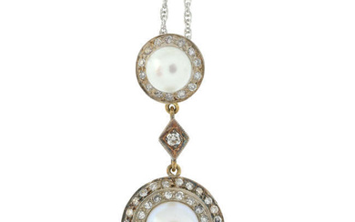 Edwardian silver and gold cultured pearl and single-cut diamond pendant, with later 18ct gold chain.