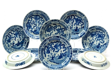 Eleven blue and white deep plates
