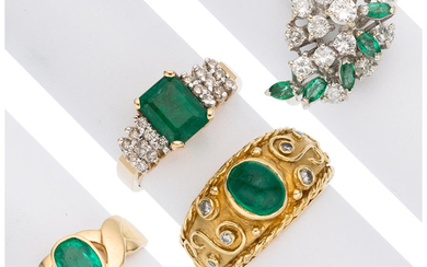 Emerald, Diamond, Gold Rings The lot includes four rings:...