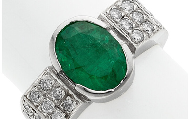 Emerald, Diamond, White Gold Ring Stones: Oval-shaped emerald weighing...