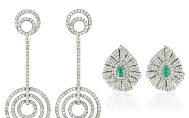 Emerald and Diamond Stud Earrings and Diamond Chandelier Earrings