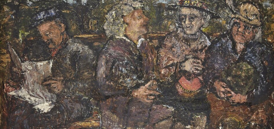 Ernst Eisenmayer, Austrian/British 1920¬®2018 - Four figures on a park bench, 1956; oil on board, dated on the reverse '1956', 61 x 122 cm