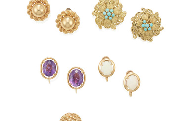 FIVE PAIRS OF GOLD AND GEM-SET EARCLIPS