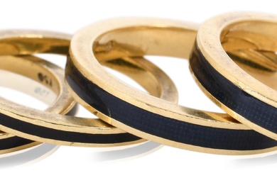 FOUR 18K YELLOW GOLD AND ENAMEL STACKING RINGS