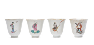 FOUR FAMILLE ROSE SGRAFFITO WHITE-GROUND ‘EIGHT IMMORTALS’ BELL-SHAPED CUPS, DAOGUANG PERIOD (1821-1850), XIEZHU ZHUREN ZAO HALL MARK IN IRON RED WITHIN A SQUARE