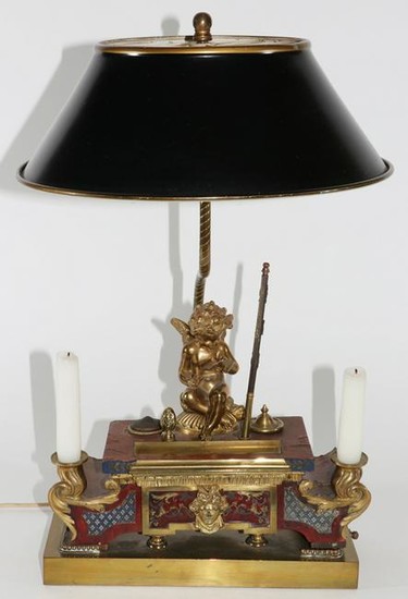 FRENCH BRONZE & MARBLE INKWELL MOUNTED AS LAMP