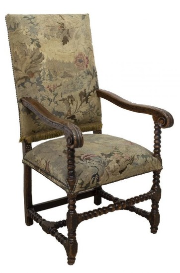 FRENCH LOUIS XIII STYLE UPHOLSTERED FAUTEUIL