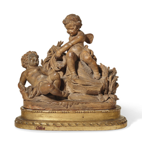 FRENCH, PROBABLY THIRD QUARTER 19TH CENTURY, A TERRACOTTA GROUP OF PUTTI ON A ROCK