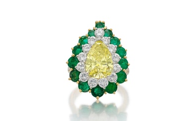 Fancy Vivid Yellow Diamond, Emerald and Diamond Ring