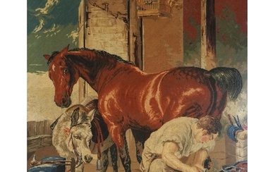 Farrier shoeing a horse with donkey and gundog, 19th century...