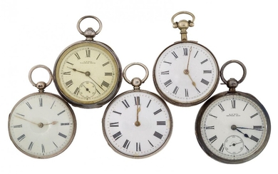 Five 19th century silver key-wind pocket watches, comprising: one with white enamel dial with Roman numerals, the movement with verge and fusee escapement, numbered 2239, case with repeat number, mark JJ, London hallmarks, 1854, case diam. 51mm;...