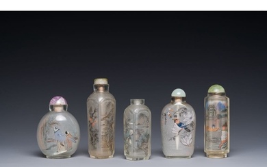 Five Chinese inside-painted glass snuff bottles, 20th C.H.: ...