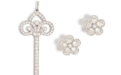 'Fleur de Lis Key' Diamond Pendant; and a Pair of Diamond Earrings | 蒂芙尼 | 'Fleur de Lis Key' 鑽石掛墜; 及 鑽石耳環一對, Tiffany & Co.