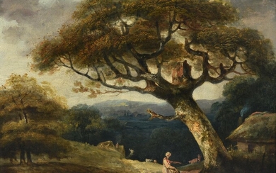 Follower of John Crome the Elder, Figure beneath a tree with a cottage beyond