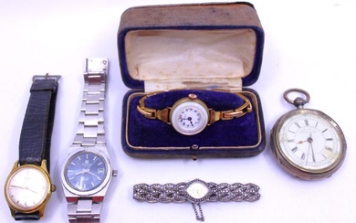 Four Watches and Silver Pocket Watch. The watches are to...