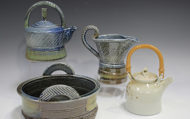 Four pieces of Jane Hamlyn studio pottery, including a salt glazed teapot, height 16cm, and a simila