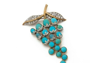 Foxglove brooch in satin 18k yellow gold (750‰), cabochon turquoises to represent the flowers
