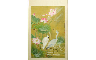 Framed Chinese painting : "Cranes between lotusflowers" - 105,5 x 70,5 marked prov. : collection of Jeanette Jongen (Schleiper) ||Chinese "Cranes between lotusflowers" painting - marked former collection of Jeanette Jongen (Schleiper)