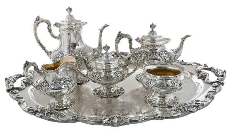 Francis I Sterling Tea Set; Silver Plate Tray