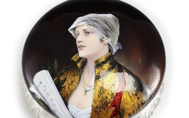 French Enamel Portrait on Bronze Crystal Powder Jar, c1900 Woman w/ Sheet Music