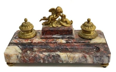 French Gilt Bronze and Red Marble Cherub with Dog Inkwell Pen Stand, 19th Cent.