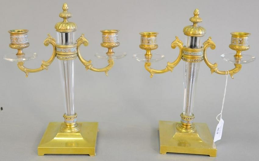French bronze and glass two-arm candelabra, square