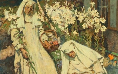 Friedrich Fehr: Two nuns picking flowers. Signed Friedrich Fehr, Karlsruhe, 1918. Oil on canvas. 118×89 cm.
