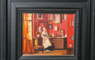 Fuster, R. (probablement 19e siècle), Servante dans la chambre des tableaux, huile/bois, env. 22 x...