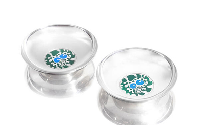 GEORG JENSEN: a pair of Danish silver and enamel bowls
