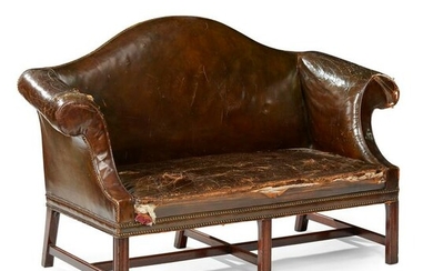 GEORGE III MAHOGANY AND OLIVE GREEN LEATHER UPHOLSTERED