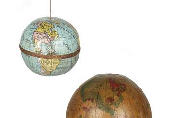 (GLOBES.) Two 20th-century miniature curiosity globes. 4-inch wooden sphere covered with 14 hand-colored...