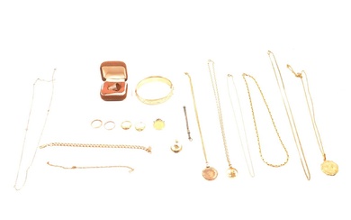 Gemset rings, commemorative coin in gold mount, scrap gold, gold-plated jewellery and small silver.
