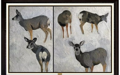George Browne Oil Painting On Canvas Board Diptych Animal Wildlife Deer Signed