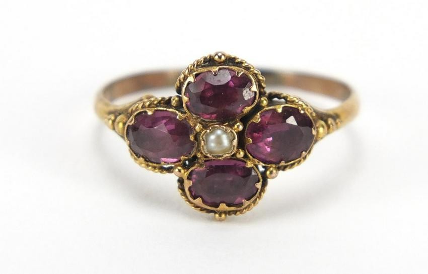 Georgian unmarked gold amethyst and seed pearl ring