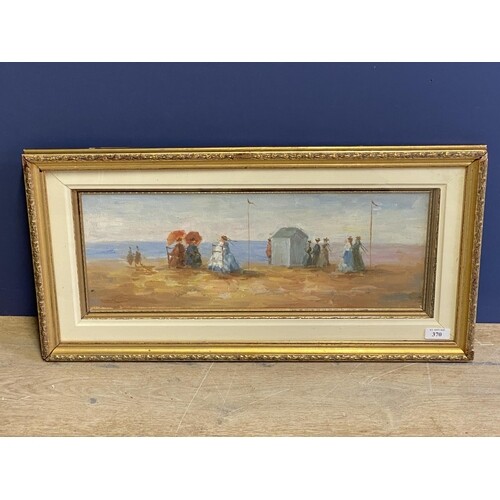 Gilt framed oil painting of a Victorian beach scene with fig...