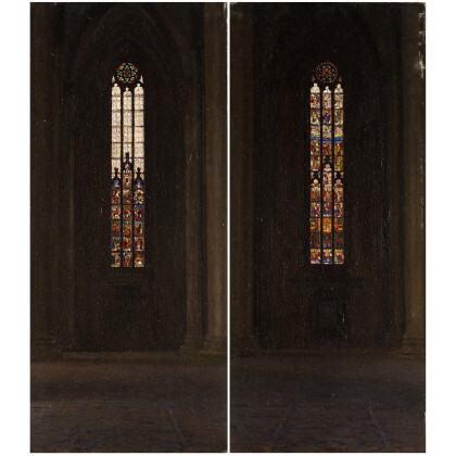 Giorgio Belloni ( Codogno 1861 - Azzano Di Mezzegra 1944 ) , "Trittico del Duomo 2" due dipinti ad olio su tela (cm 70x31) raccolti in un'unica cornice In cornice Bibliografia "La...