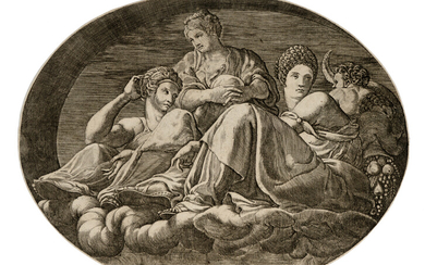 Giorgio Ghisi (Mantova,, 1520 - 1582), Giunone su una nube con due dee e due putti. 1560 ca.