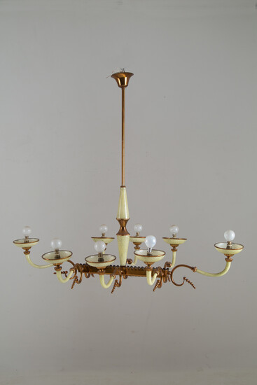 Glass and brass chandelier with eight lights. 50s